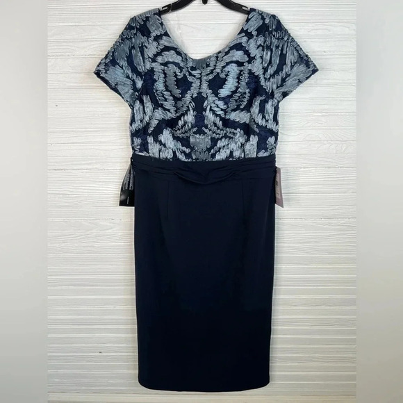 JS Collections Blue Ribbon and Lace Crepe Midi Dress V Back Short Sleeve 14 - Picture 2 of 16